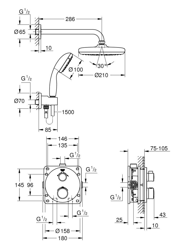 Set de duș îngropat termostatat Grohe GRT Tempesta 210 34727000