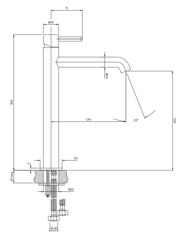 Baterie lavoar înalt Omnires Y Brushed Gold Y1212GLB