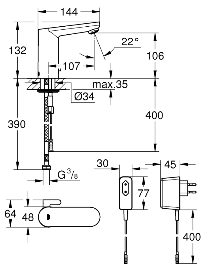 Baterie lavoar electronică cu infraroșu Grohe Baucosmo E 230V 36325001/36325002