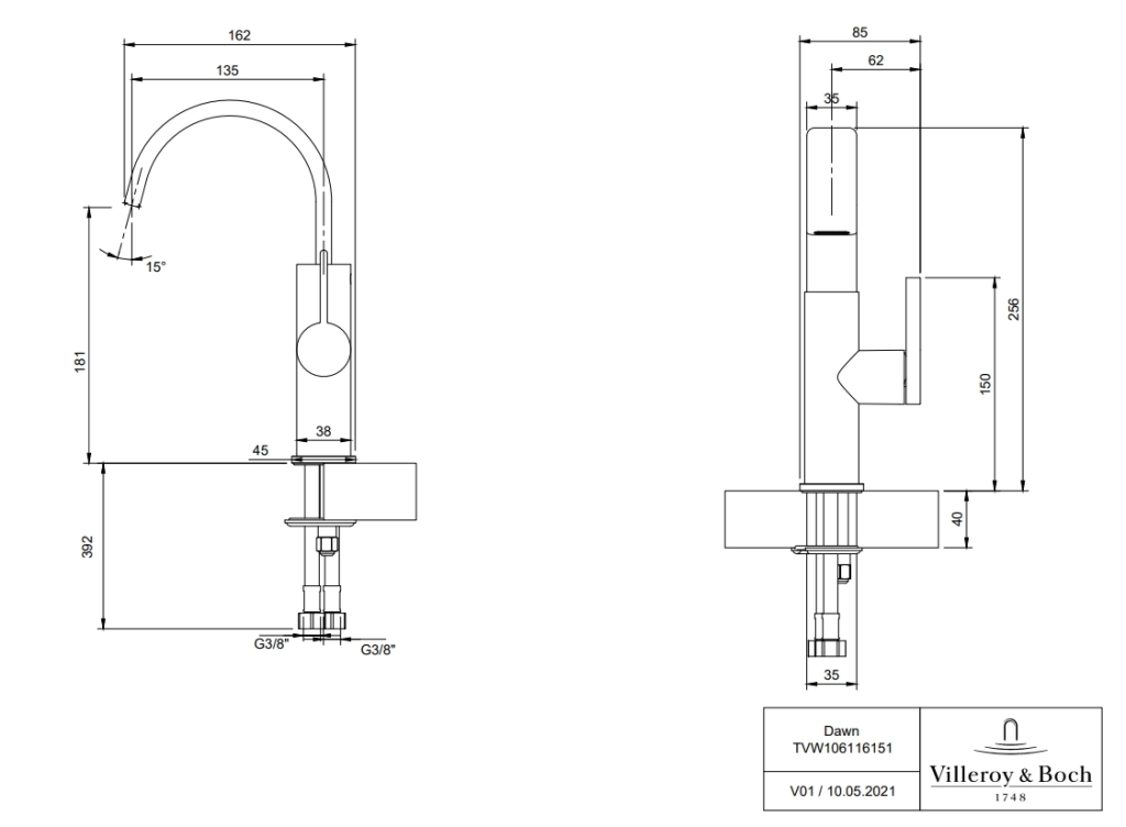 Baterie lavoar Villeroy&amp;Boch Dawn (Pipa Tip-C) Nickel