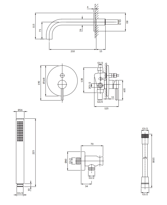 Set de duș îngropat Omnires Y Brushed Nickel SYSYW01NI