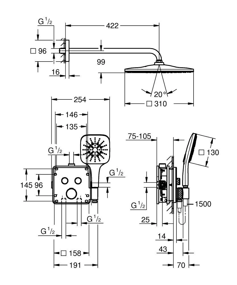 Set de duș îngropat termostatat Grohe GRT Smartcontrol 310x310 Phantom Black
